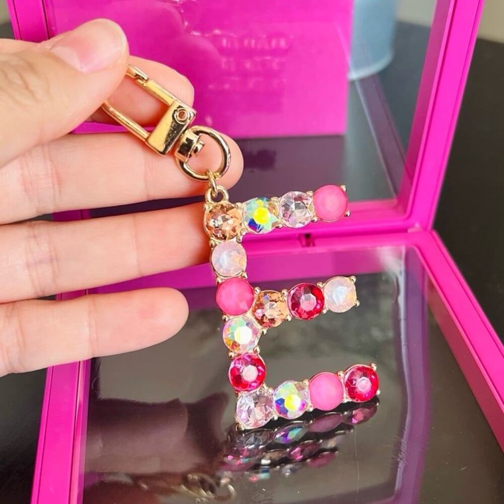 Rhinestone Letter E Keychain Bag Charm Pink Crystal Initial Pendant Gift